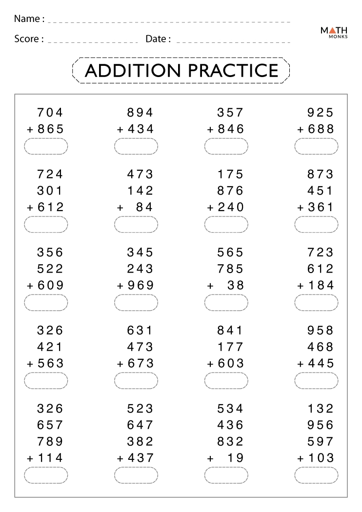 4th Grade Addition Worksheets With Answer Key