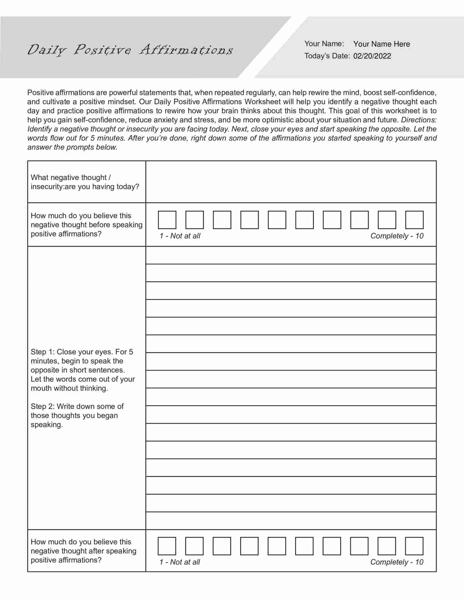 Daily Positive Affirmations Worksheet Editable Fillable Printable