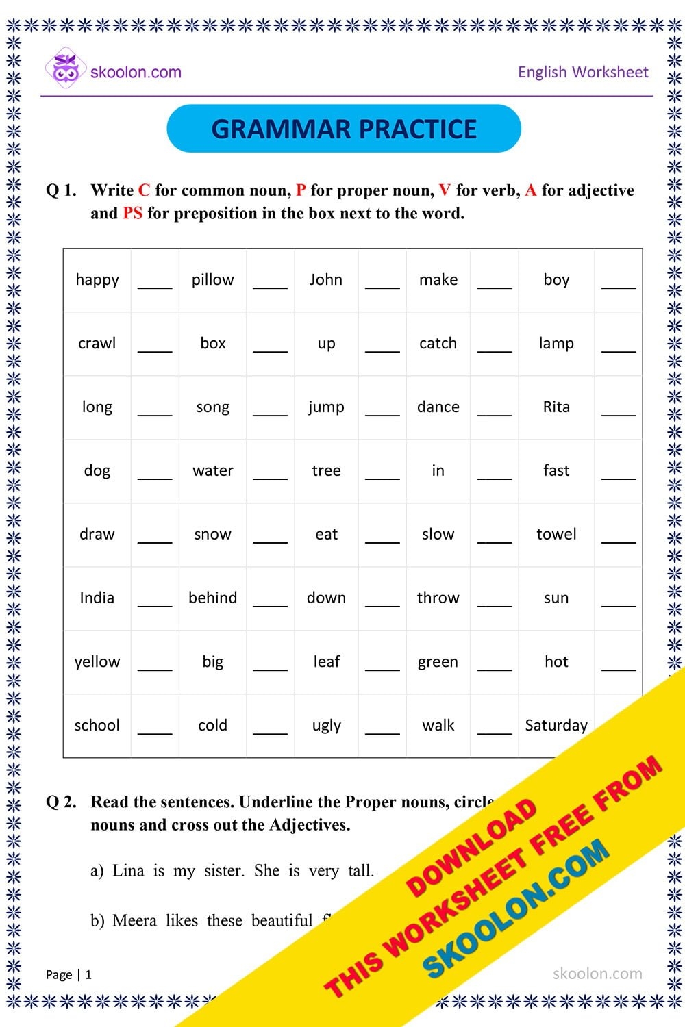 English Grammar Worksheet With Answers Skoolon