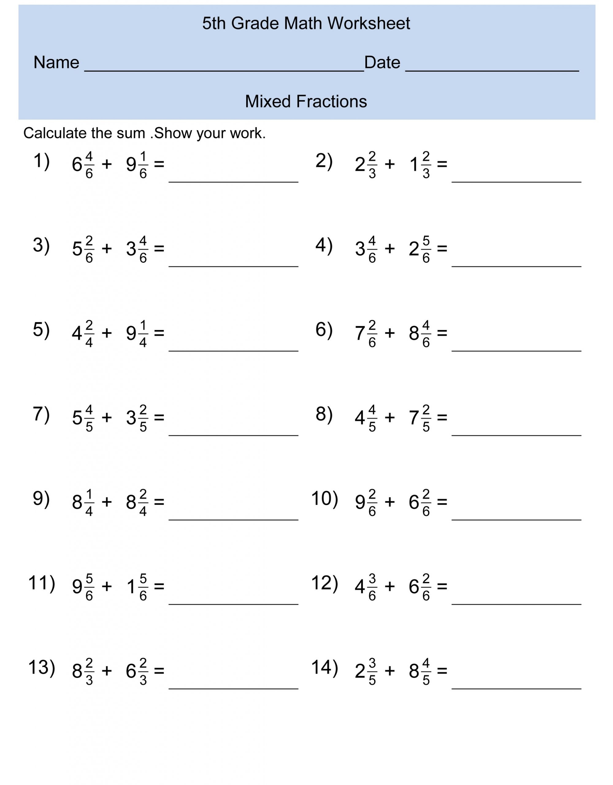Fifth Grade Math Worksheets Addition To Decimals Learning Printable