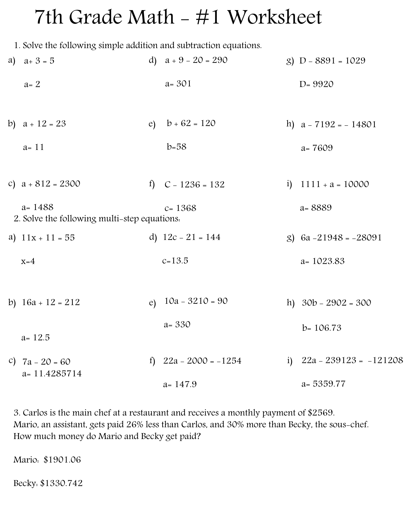 Free Printable 7th Grade Math Worksheets PDF Printerfriendly