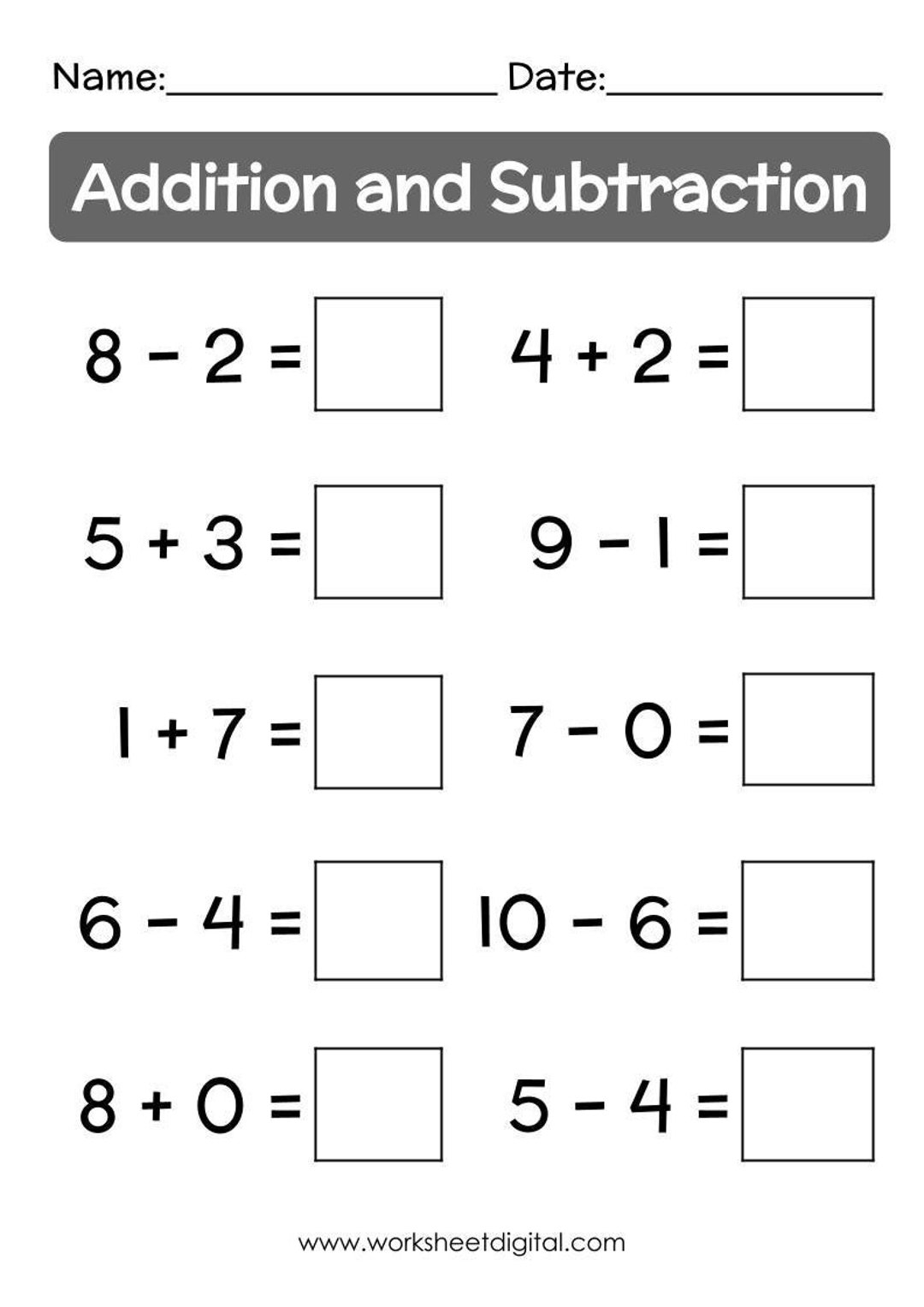 Free Printable Addition And Subtraction Elementary Math Worksheet