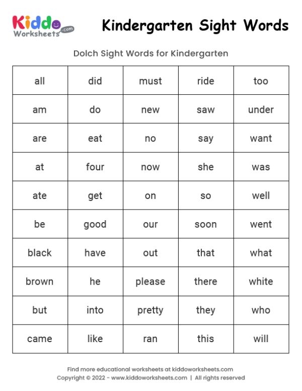 Free Printable Kindergarten Worksheets Sight Words Daily Routine