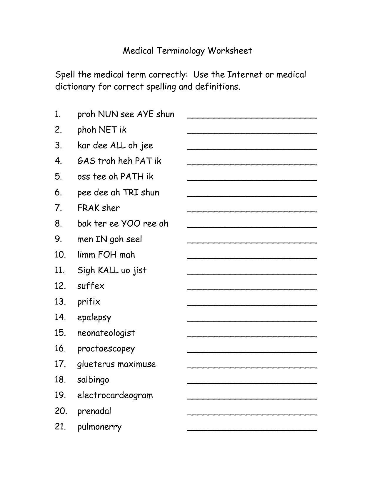 Free Printable Medical Terminology Worksheets Science Worksheets