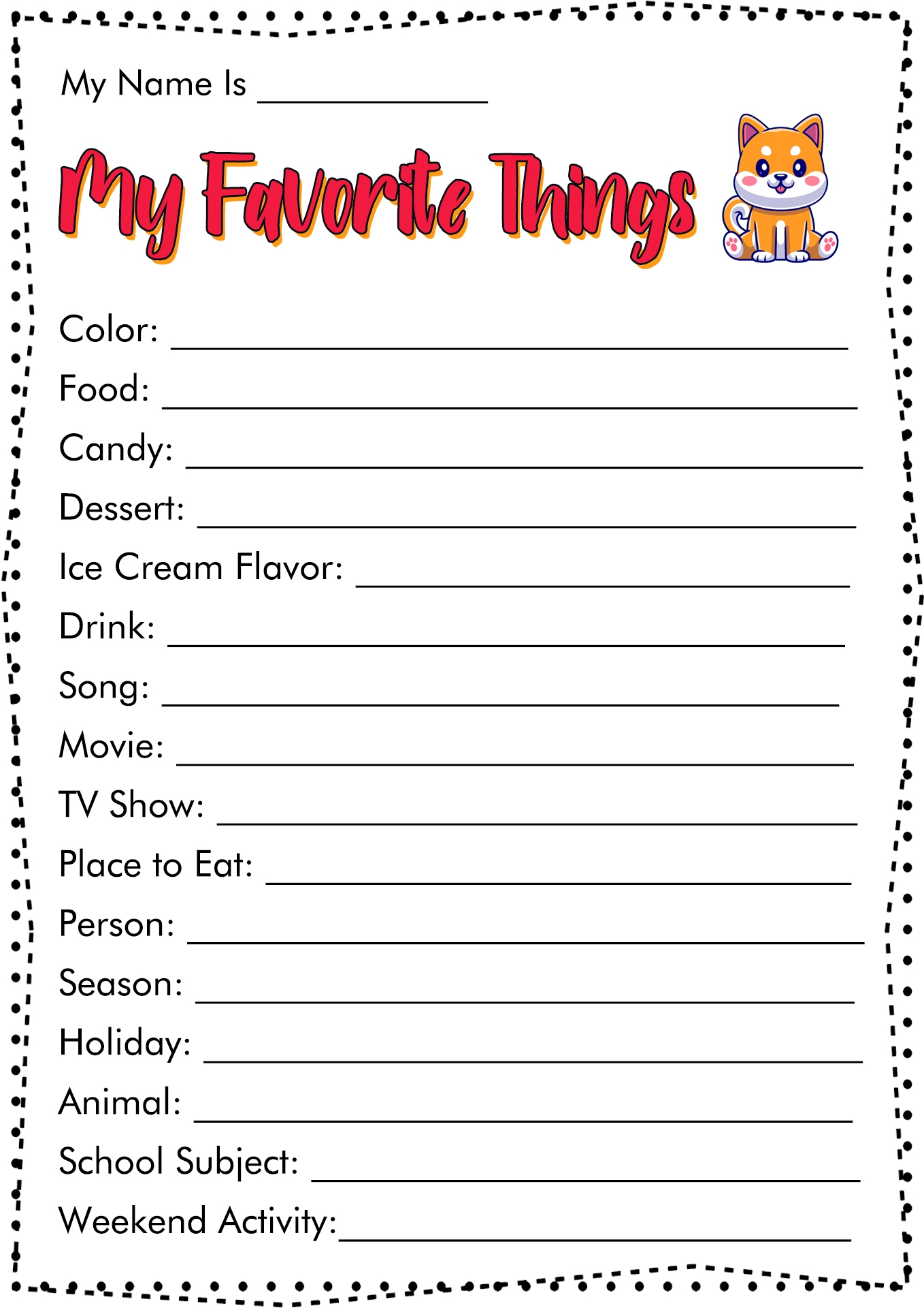 Free Printable My Favorite Things Worksheet Worksheets Library