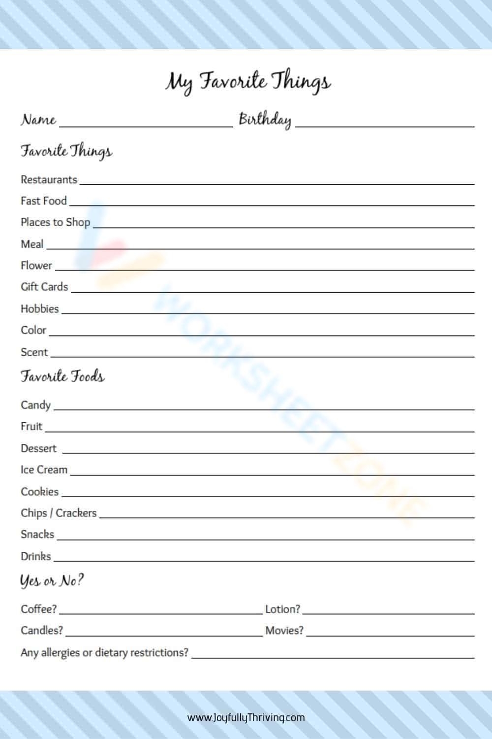 Free Printable My Favorite Things Worksheets For Students