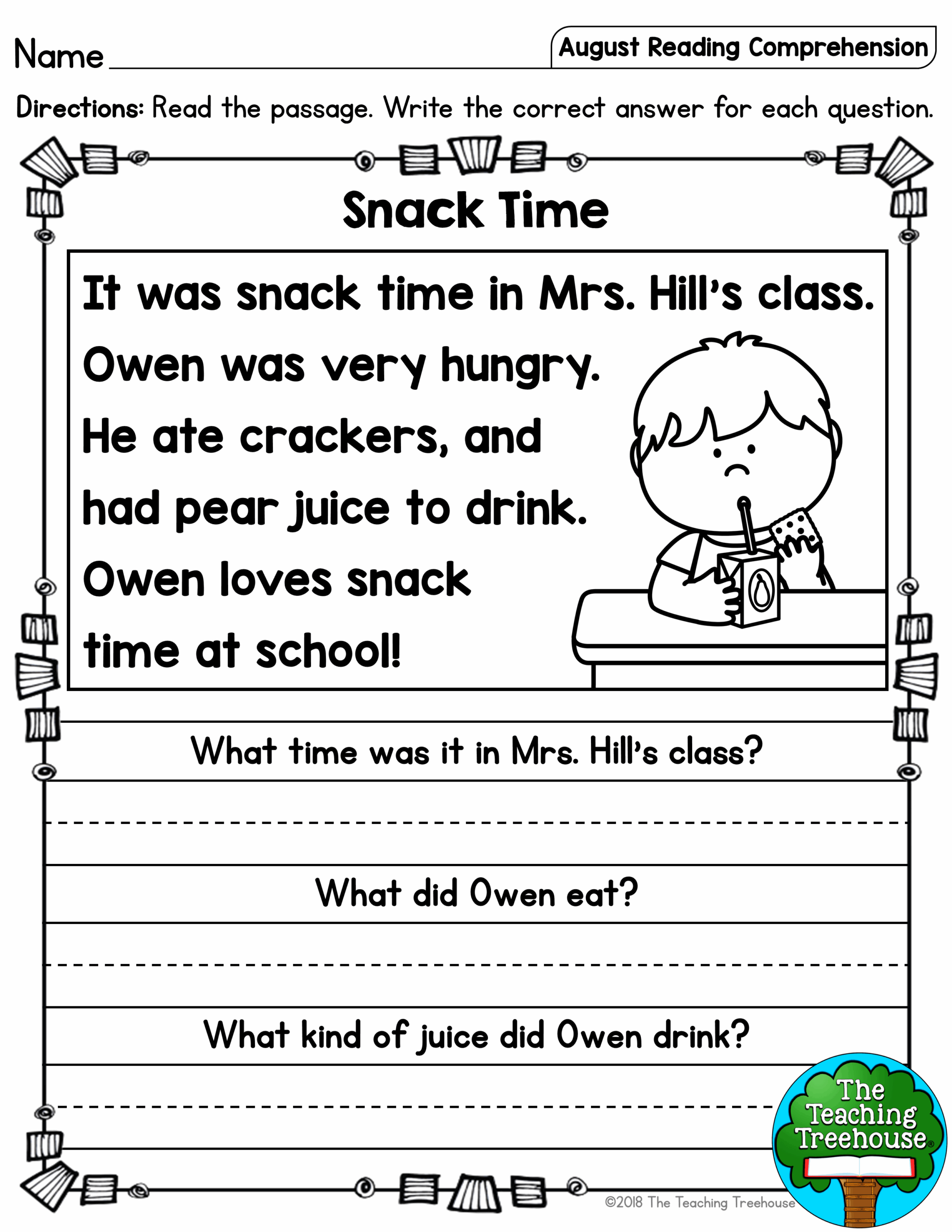 Kindergarten Reading Comprehension Sheets