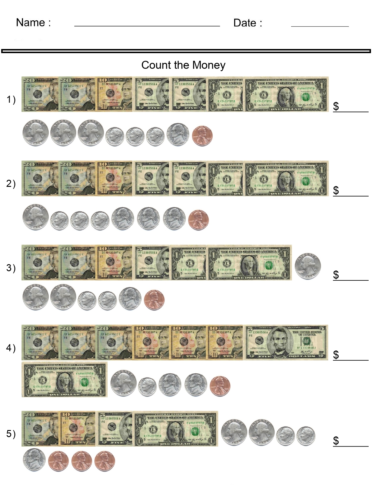 Money Worksheets Counting United States Bills And Coins Made By