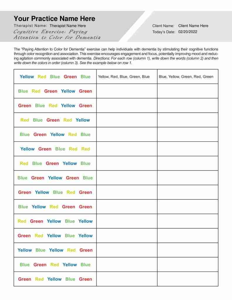 Paying Attention To Color Exercise For Dementia Worksheet Editable 