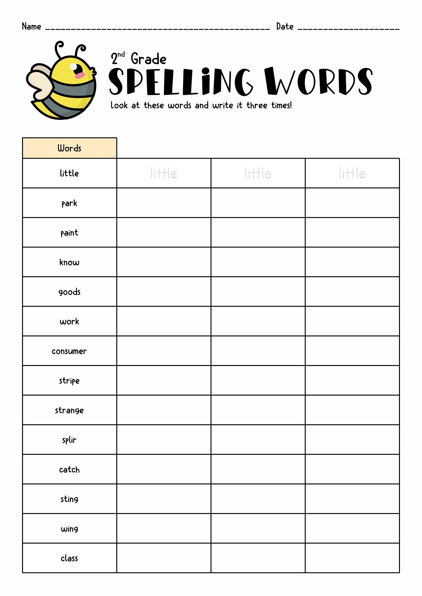 Printable 2nd Grade Spelling Words