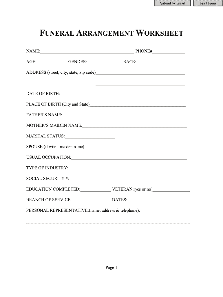 Printable Funeral Pre Planning Worksheet Fill Online Printable