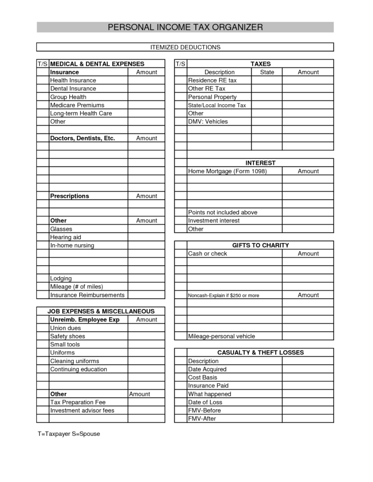 Printable Tax Deduction Worksheet Db excel