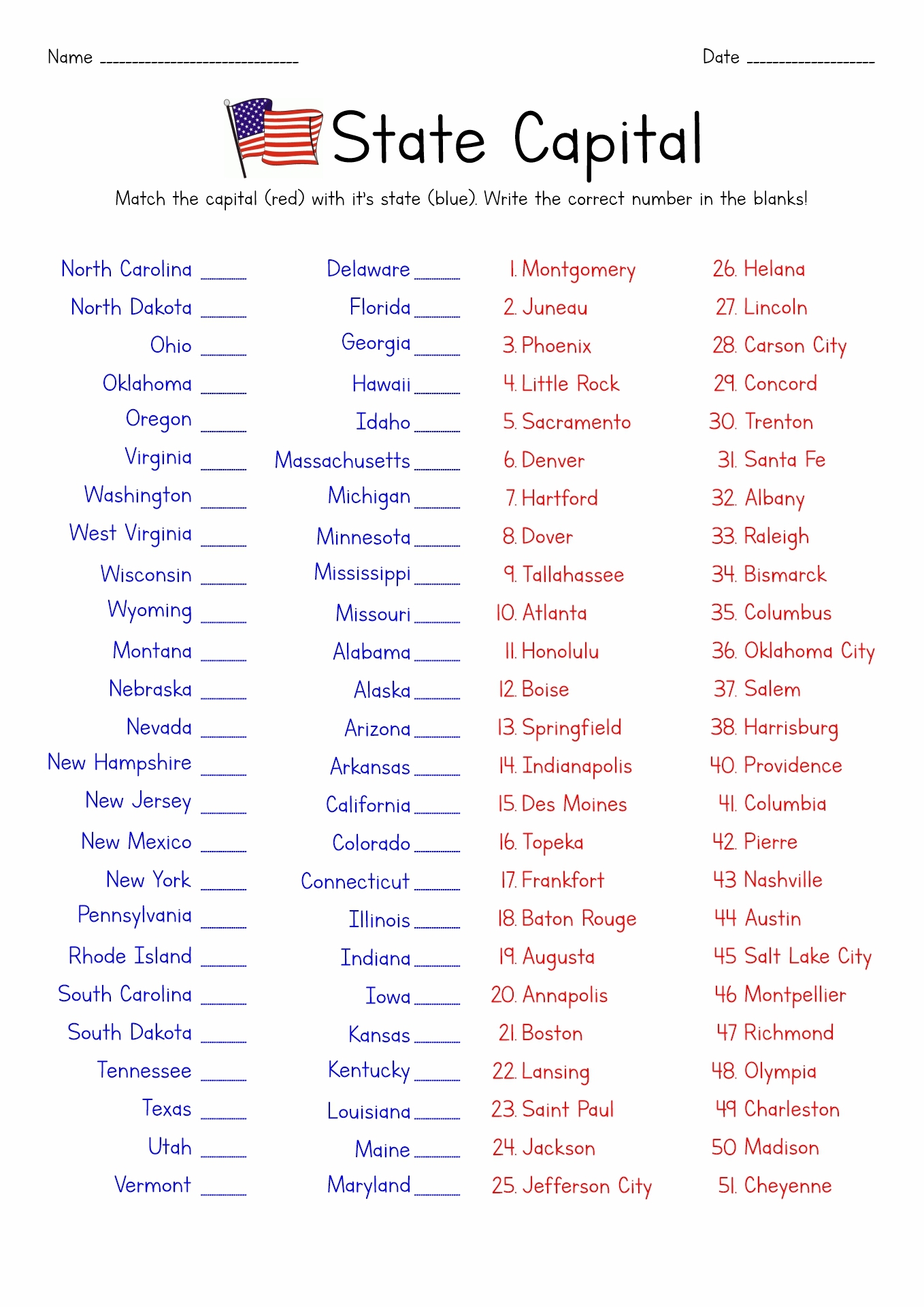 State And Capital Worksheets Printable Free States And Capit